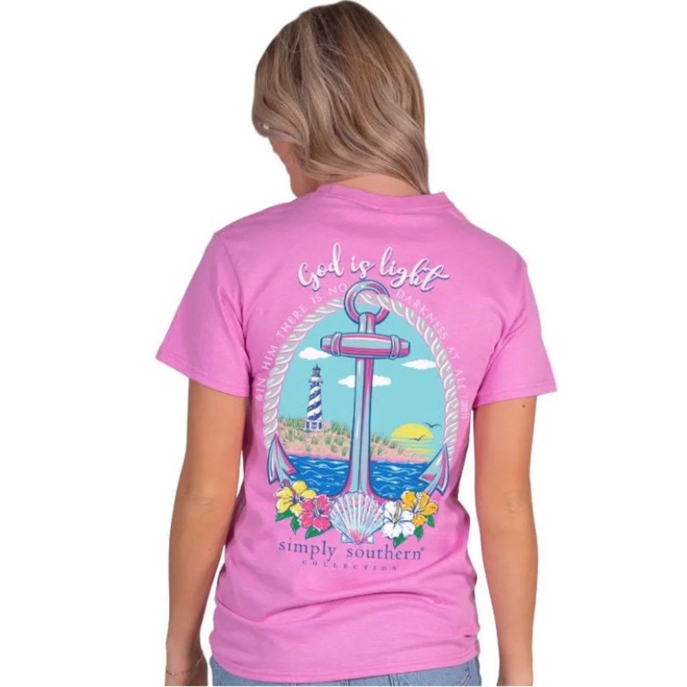 Nwt Simply Southern pink anchor & lighthouse GOD IS LIGHT verse graphic t-shirt